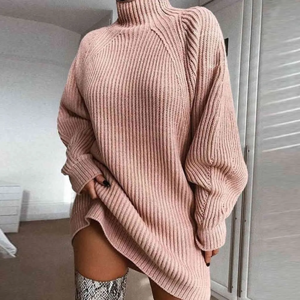 Rollkragen Frauen Pullover und Pullover Mode Gestrickte Rippen Rosa Langarm High Neck Jumper Herbst Winter Kleidung Tops 210415