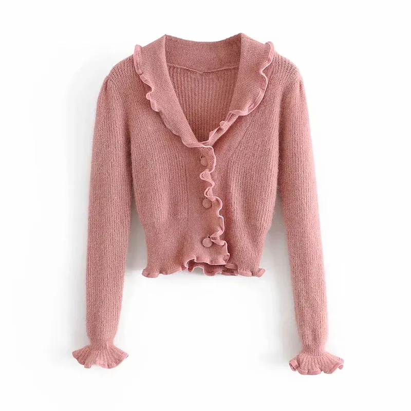Maglione cardigan lavorato a maglia corto a contrasto rosa Donna Autunno Vintage Rifiniture in velluto Scollo a V Manica lunga Top carino 210519