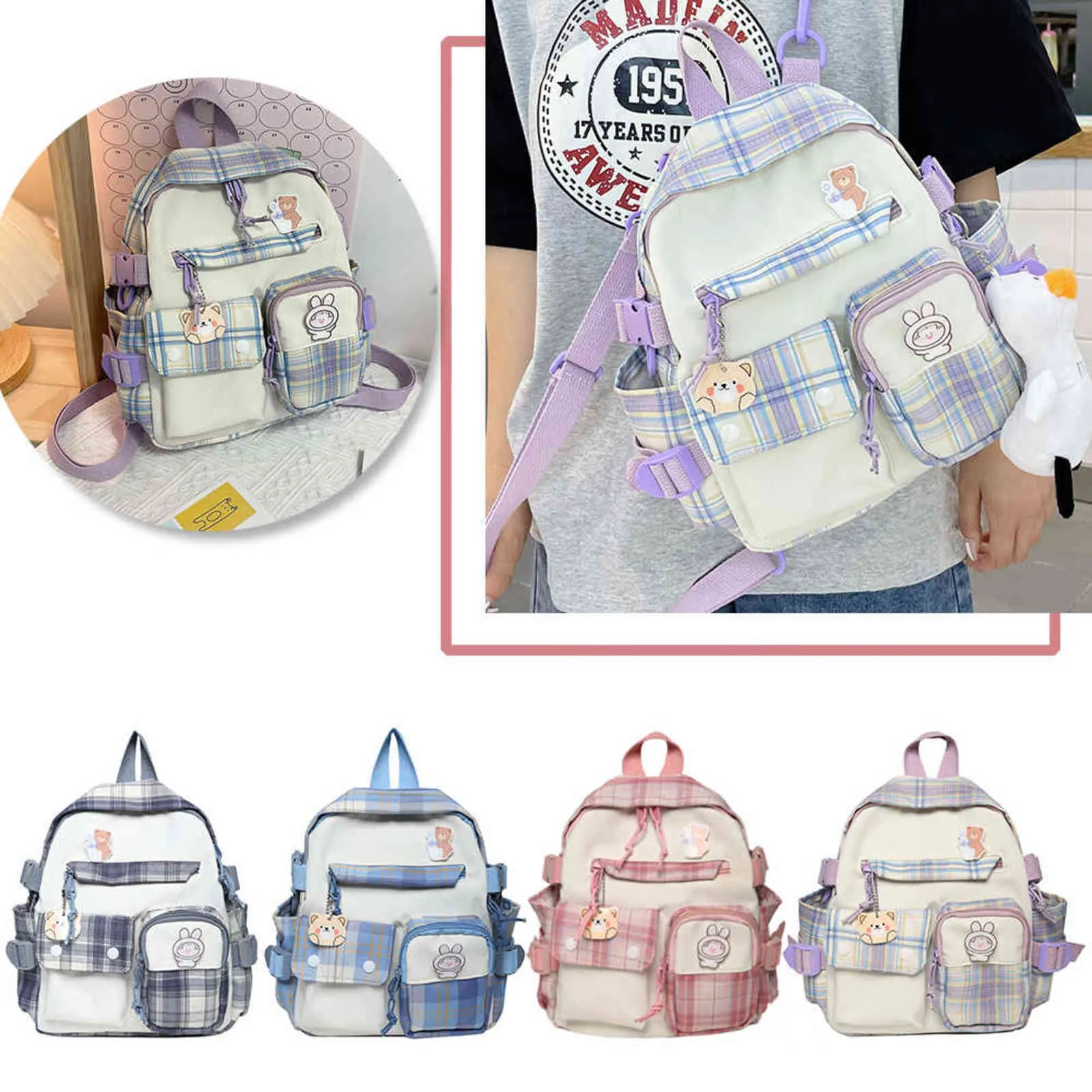 Mochilas escolares con colgante de nailon para niñas, mochila de compras con estampado de cuadros de dibujos animados para mujeres, mochila de viaje pequeña Y1105
