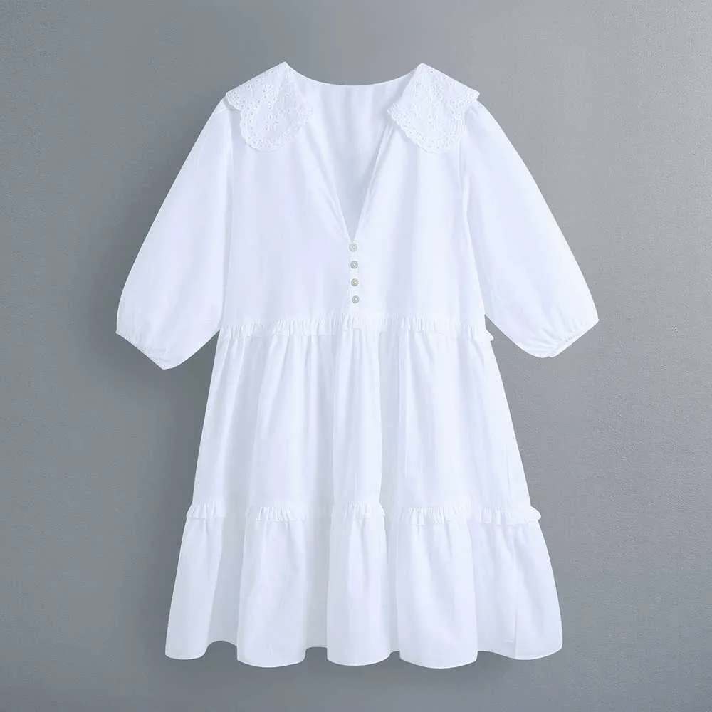 Femmes robe blanche été mode col en dentelle col en V moderne dame smockée mini robes 210602
