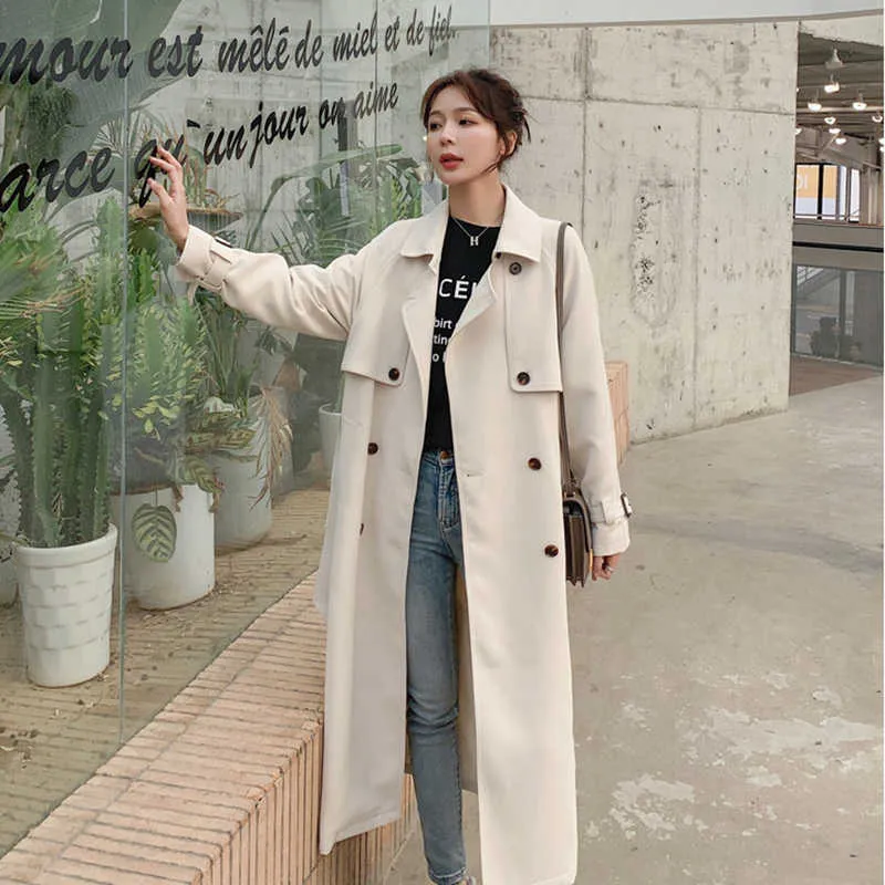 DEAT Trench Coat femmes élégant col montant avec ceinture choisir hanche solide Beige haute rue automne mode TU159 210820