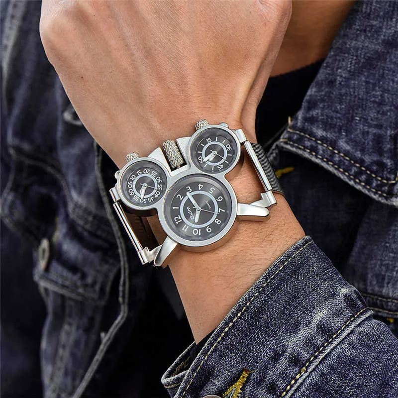Oulm 1167 grande montre pour homme décontracté en cuir maille bracelet en acier horloge à Quartz trois fuseaux horaires sport hommes montres G1022