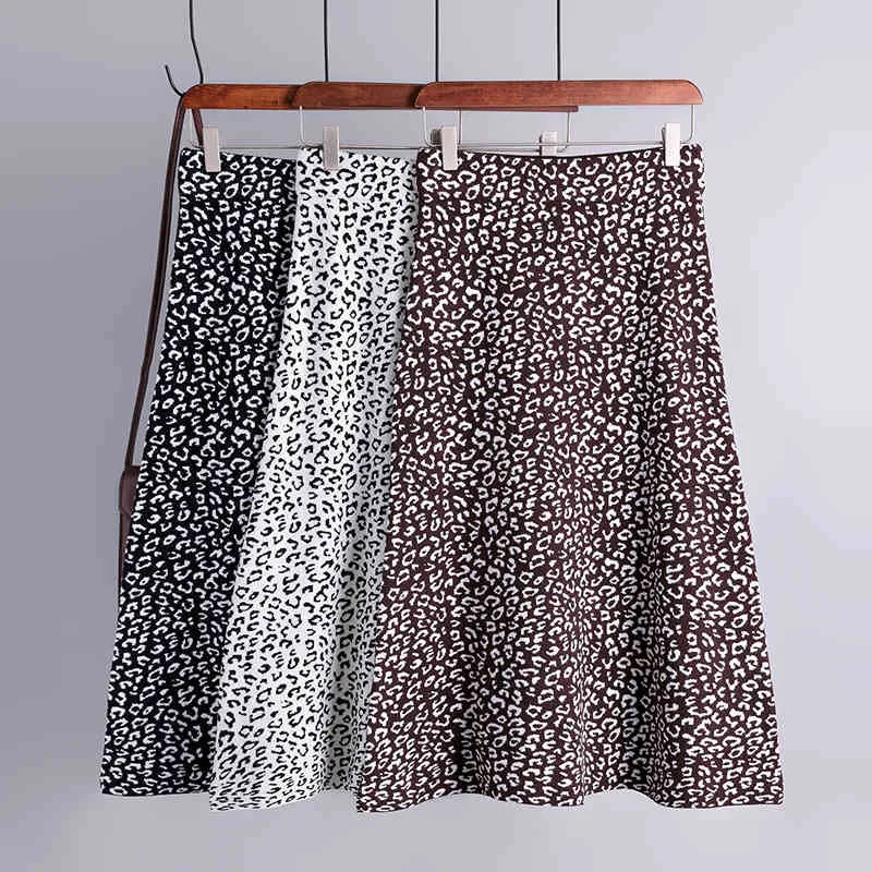 Chic Leopard Knitted Skirt Women Vintage Elastic High Waist A-line Skirt Autumn Winter Warm Fashion Streetwear Skirt 210419
