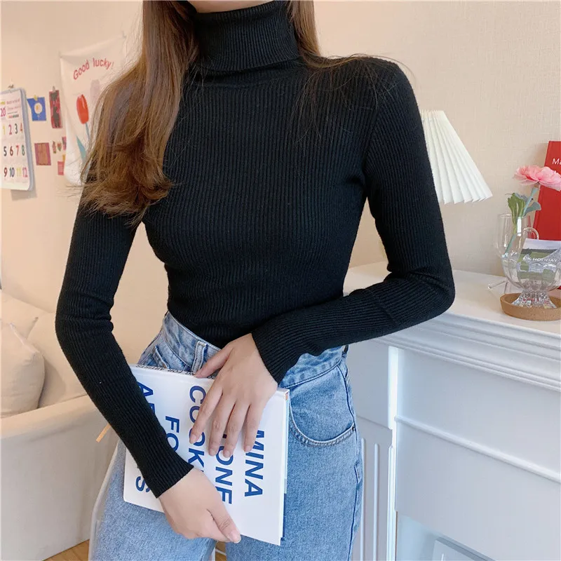 Höst Vinter Kvinnors Tröja Koreansk Solid Färg Höghals Slim-Fit Shirt Slim Långärmad Kvinnlig Bottom Topps GX737 210507