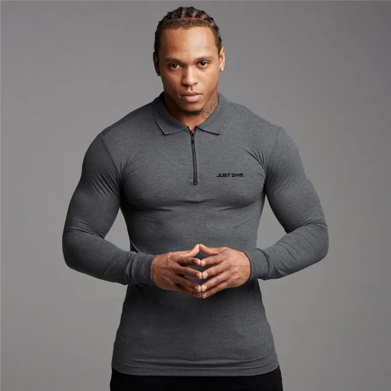 Nouveau automne marque polos hommes coton à manches longues slim fit polos chemise décontractée mode couleur unie gym fitness vêtements 210421