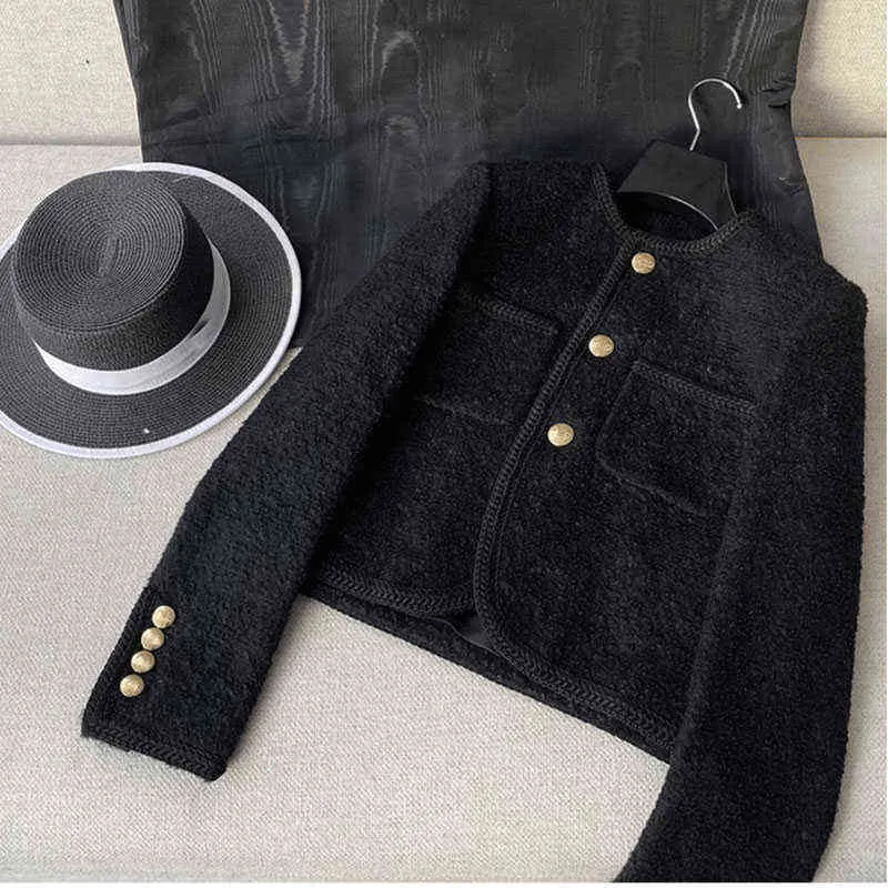高品質の女性のファッションジャケットブラックT 2つのポケットゴールデンボタンエレガントなコート春秋の服211029
