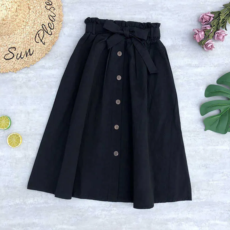 Autumn Elegant Skirts Womens Elastic Waist Buttons Bow Stretched With Pocket Female Solid Color 210629