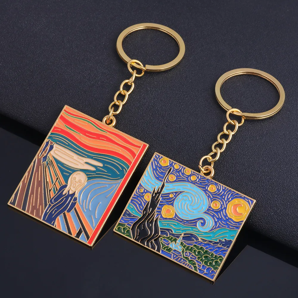 Obra-prima clássica do mundo Van Gogh The Starry Night Munch The Scream Pintura a óleo estilo esmalte liga chaveiro chaveiro 5407993