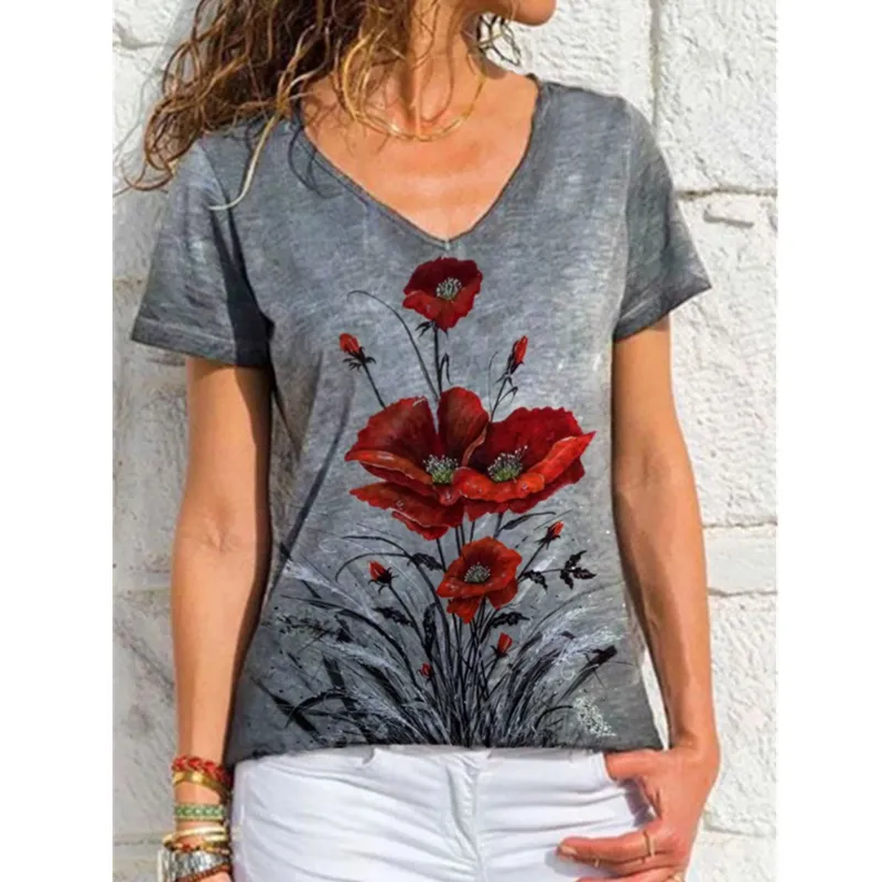 T-shirt da donna estiva con scollo a V stampata maniche corte taglie forti top design esperto qualità ultimo stile stato originale