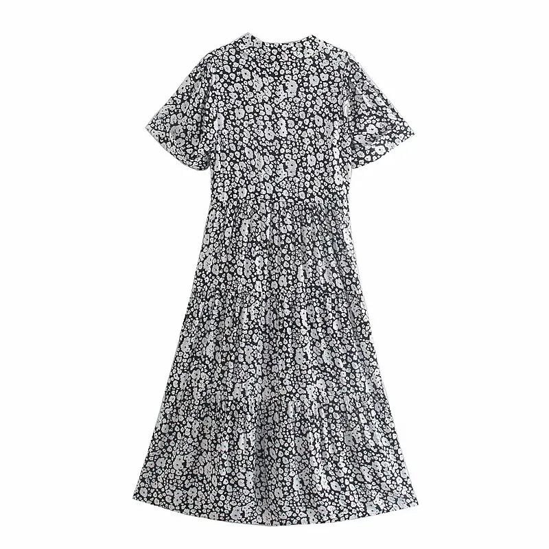 Kvinnor Mode Svart Vit Tryckt Midi Klänning Kvinna V-Neck Kortärmad Knapp Flared Hem Sommar Klänningar Robe 210520