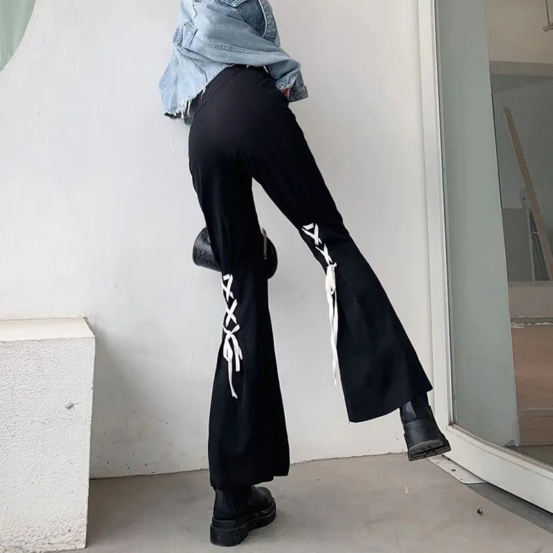 Women Flare Pants Drawstring Stitching Bandage High Waist Casual Gothic Harajuku Slit Trousers Style Streetwear 210517