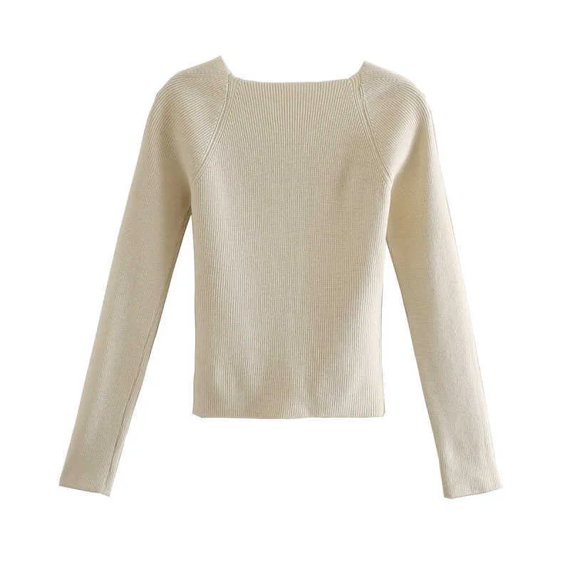 Stilvolle schicke beige gestrickte abgeschnittene Blusen Damenmode Sexy Quadratkragenhemden Mädchen Streetwear Casual Tops 210719