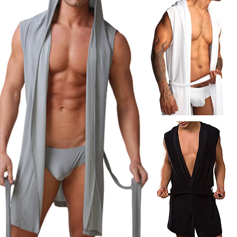 Men Summer Dress Bath Robe Sexy Pajamas Sleepwear Hombre Sleeveless Hooded Casual Kimono Bathrobe Nightgown Robe Solid Color Clo