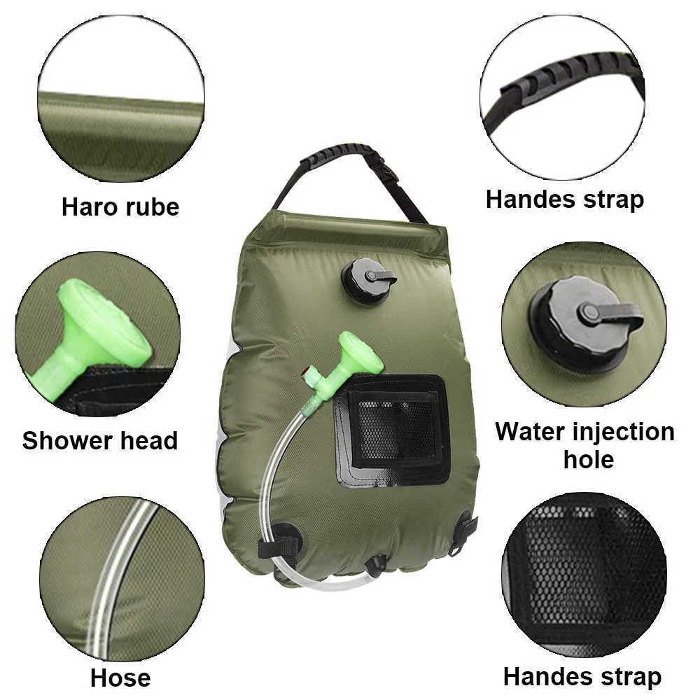 Bolsas de agua de 20L para acampar al aire libre Bolso de la ducha solar de calefacción plegable Campamento de la ducha de la ducha Senderismo de la bañera de escalada Cabeza de ducha conmutable Y0721