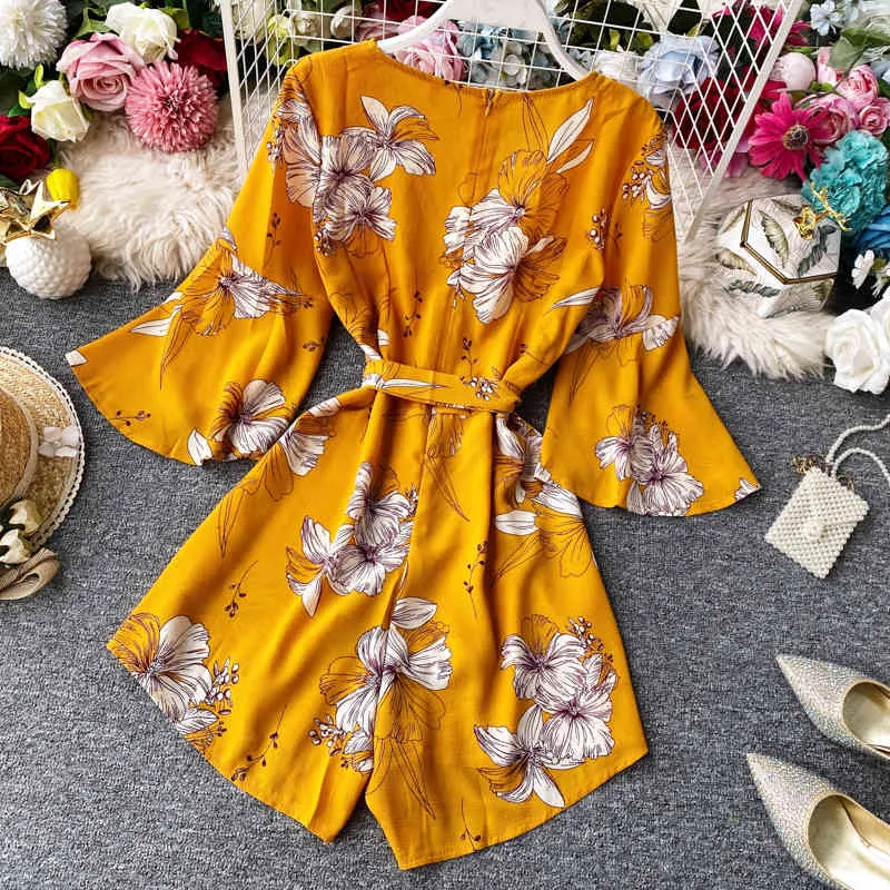 Dames Jumpsuit Wide Play Playsuit Boho Bloemenprint Chiffon Vrouwelijke Sexy V-hals Romper Zomer Strand Gegooide Overalls 210422