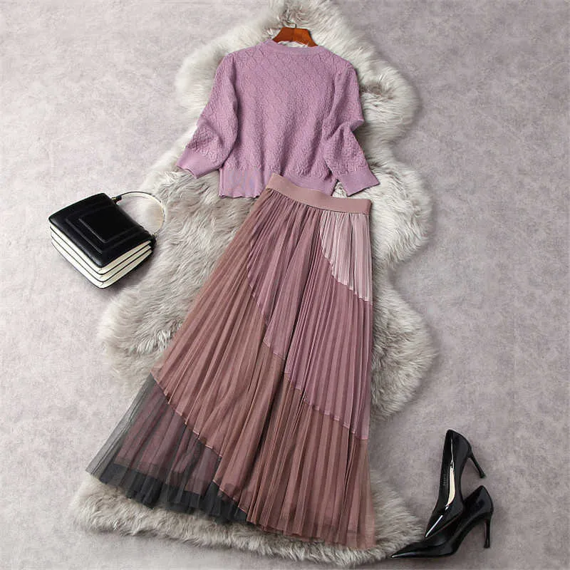 Frühling Designer Frauen Elegante Strickpullover Pullover und Midi Plissee Mesh Rock Anzug Set Mode Zweiteilige Outfits 210601