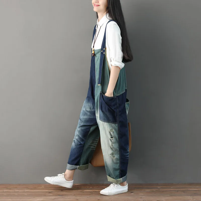 Johnature Jeans casual Tute larghe a figura intera Tasche patchwork Colori misti Primavera / Autunno Pagliaccetti Tuta da donna 210521