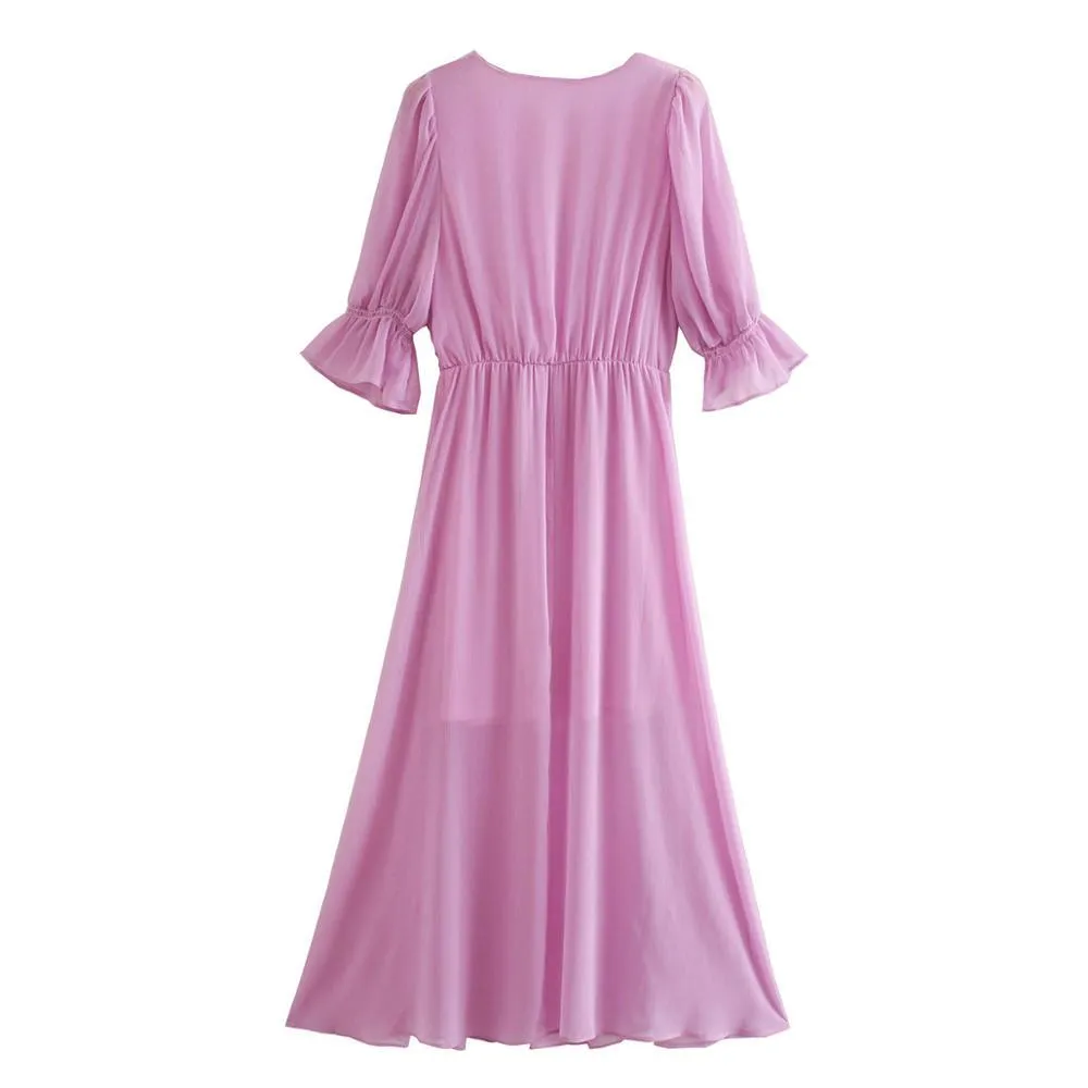 Holiday Style Elastic Waist Cross V Neck Semi Transparent Maxi Long Dress Bohemian Woman Sleeve A-Lined Dresses Female Purple 210429