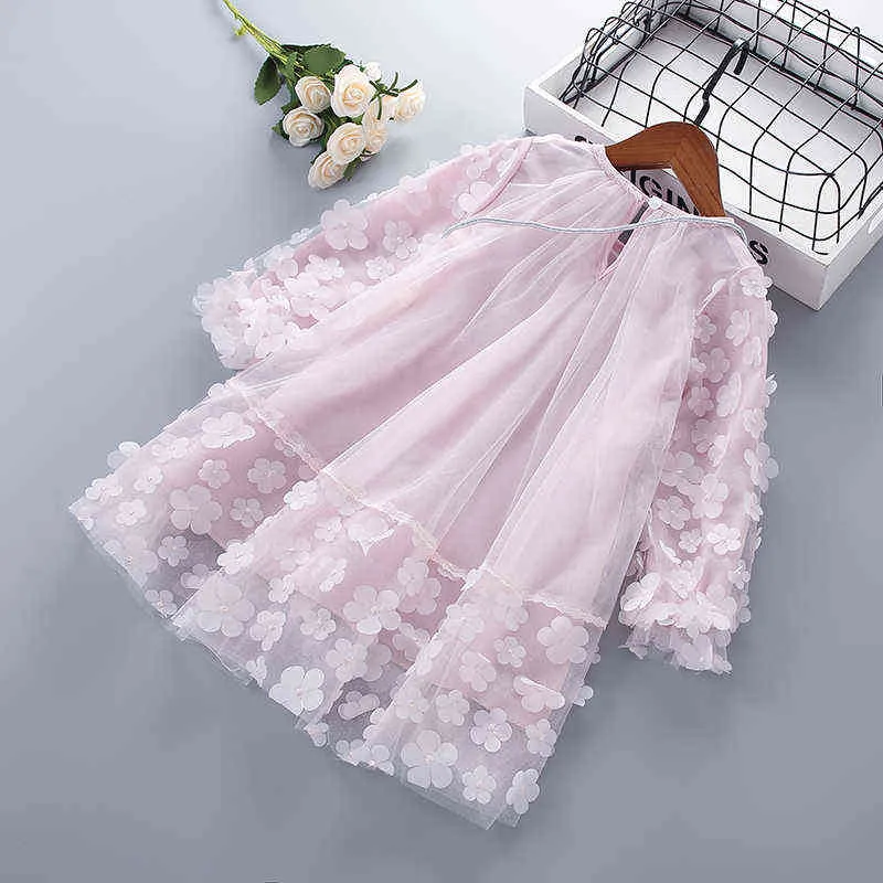 3-7 Jahre hochwertiges Frühlingsmädchenkleid Chiffon Blume gerafft Kind Kinder Kleidung Prinzessin mit Taschen 211231