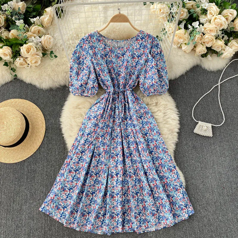 Élégant tempérament rétro floral robe midi fête femme été manches bouffantes carré cou cravate mince mi-longueur vacances 210420