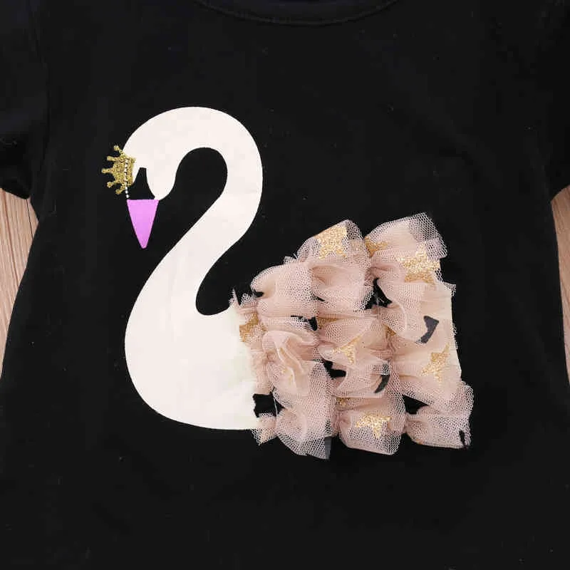 Summer Girls Ubrania z krótkim rękawem Swan T-shirt + Star Net Gaza Spódnica 2 sztuk Dzieci Cartoon Party Princess Girl Set 210515