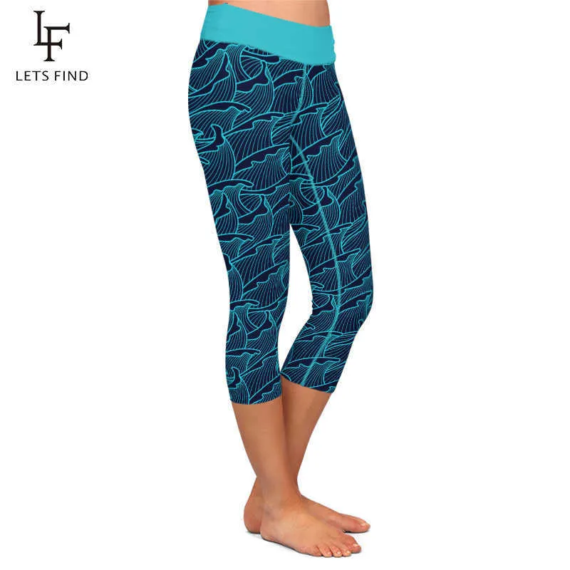 Letsfin Fashion Sea Wave Impression numérique Taille haute Élasticité Plus Taille Leggings Fitness Legging pour femmes 210925