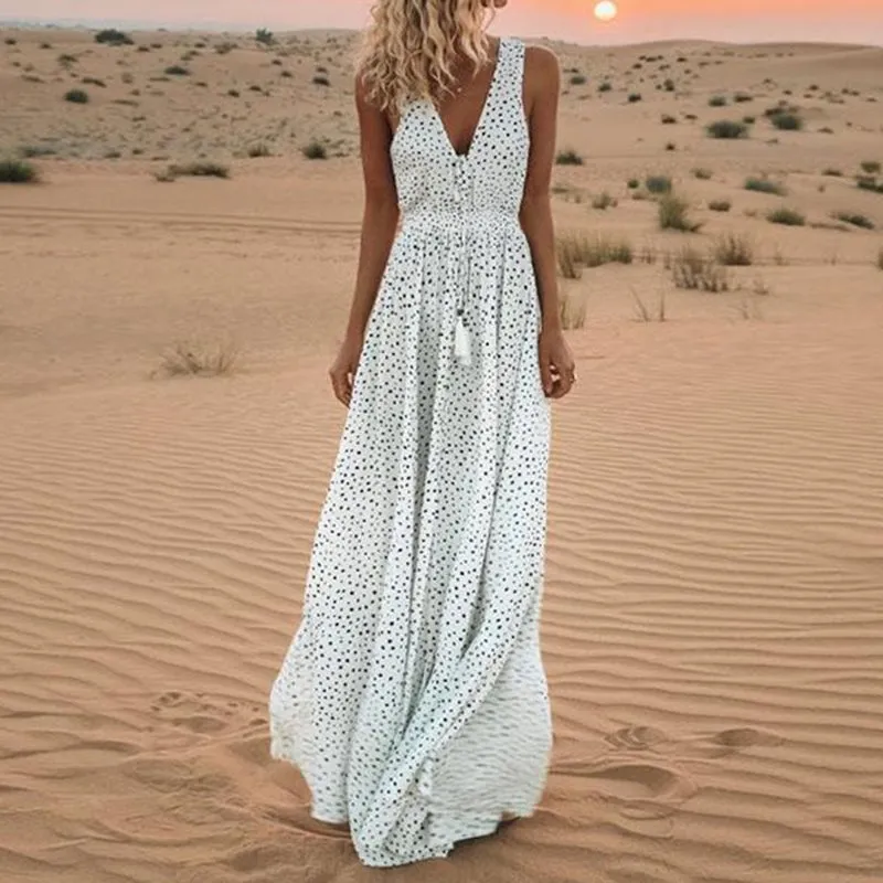 Polka Dot Maxi Elbise Beyaz Zarif Kadın Kolsuz Dantel Yaz 2020 Vintage Moda Seksi Derin V Boho Büyük Salıncak Uzun Elbiseler Ves X0521