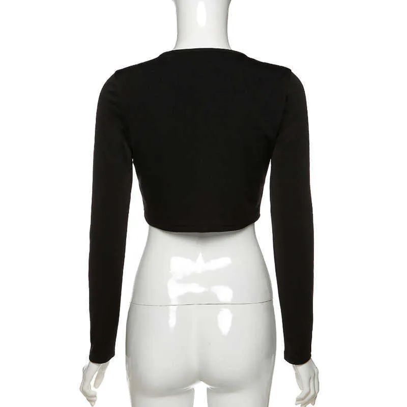 Colysmo Sexy T-shirt Dames Lange Mouw Voorzijde Split Diamond Ketting Kruis Slim Fit Party Club Wear Tops Womens Streetwear Black 210527