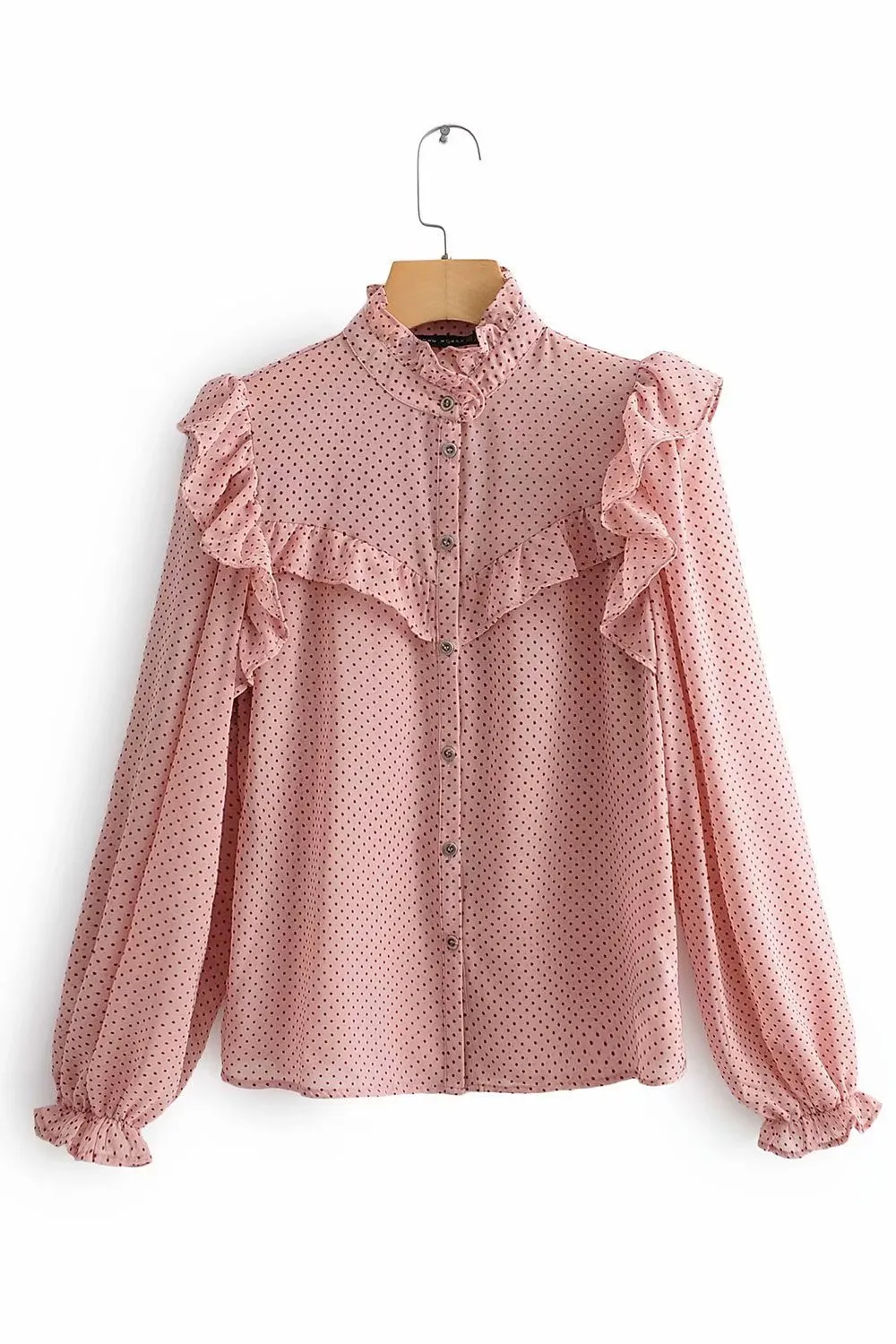 H.SA Kvinnor Rosa Lång Blus och Söt Chic Flare Ärm Polka Dots Loose Spring Casual Toppar 210417