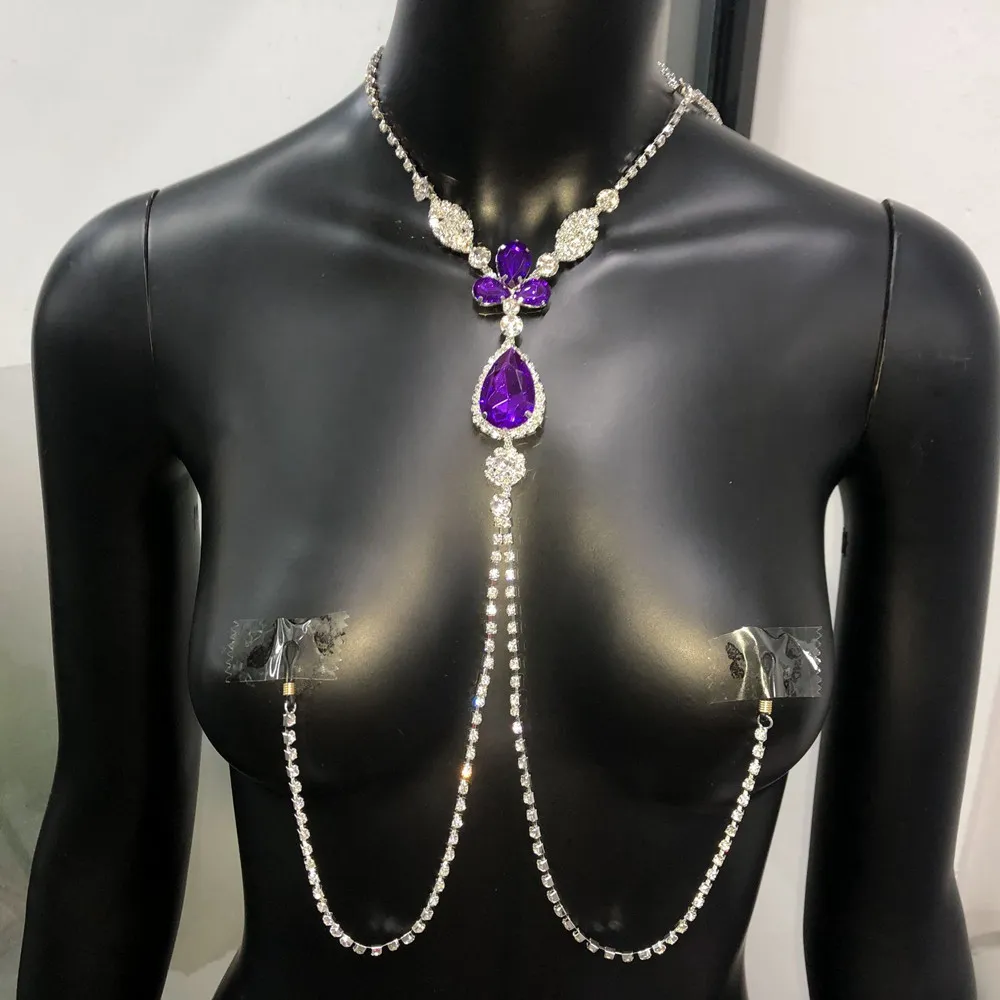 2020 Luxus Grün Strass Nicht Piercing Schmuck für Frauen Sexy Erwachsene Körper Nippel Kette Halskette