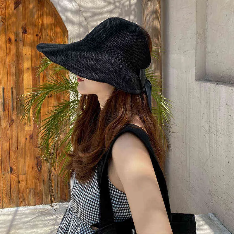 ファッション女性夏の空の上の大きな亀の麦わら帽子かわいいちょう結び屋外のビーチバイザーサンキャップの固体折りたたみ式女性ガール帽子G220301