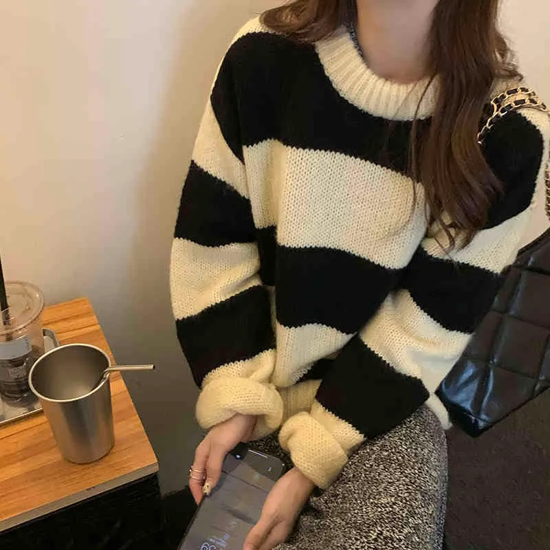 Ezdgaga Stripe Sweter Jumper Kobiety Znosić Luźne Jesień Zima Nowa Streetwear Damskie Topy Moda Pullover Ciepłe 210430