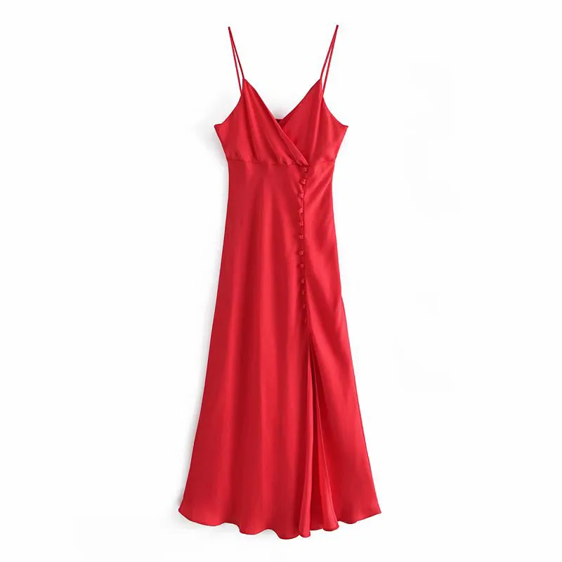 Vrouwen zomer effen elegante jurk za mouwloze spaghetti riem knoppen satijn vrouwelijke casual gespleten vork feestjurken vestido 210513