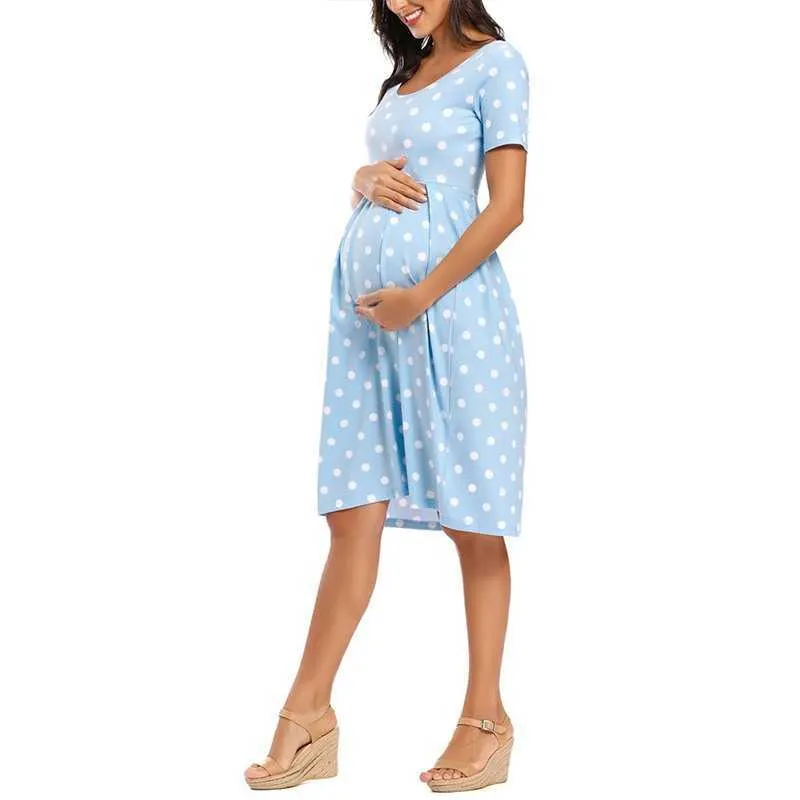 Sukienki ciążowe Ciąża Ubrania Krótki Rękaw Drukowanie Patchwork Kolano Długość Dresy Linia Baby Shower Odzież damska Y0924