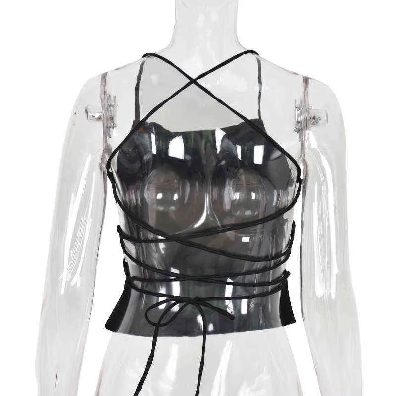 Y2K Jedwabny Satin Cami Top Sexy Backless Bandaż Kobiety Odzież 2020 Letnia Moda Streetwear Black Bez Rękawów Top Party Y220304