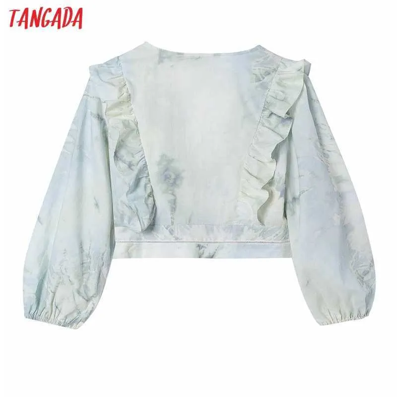 Tangada Camicia da donna retrò con stampa tinta unita con volant e scollo a V Camicia estiva sexy chic femminile Top 6H29 210609