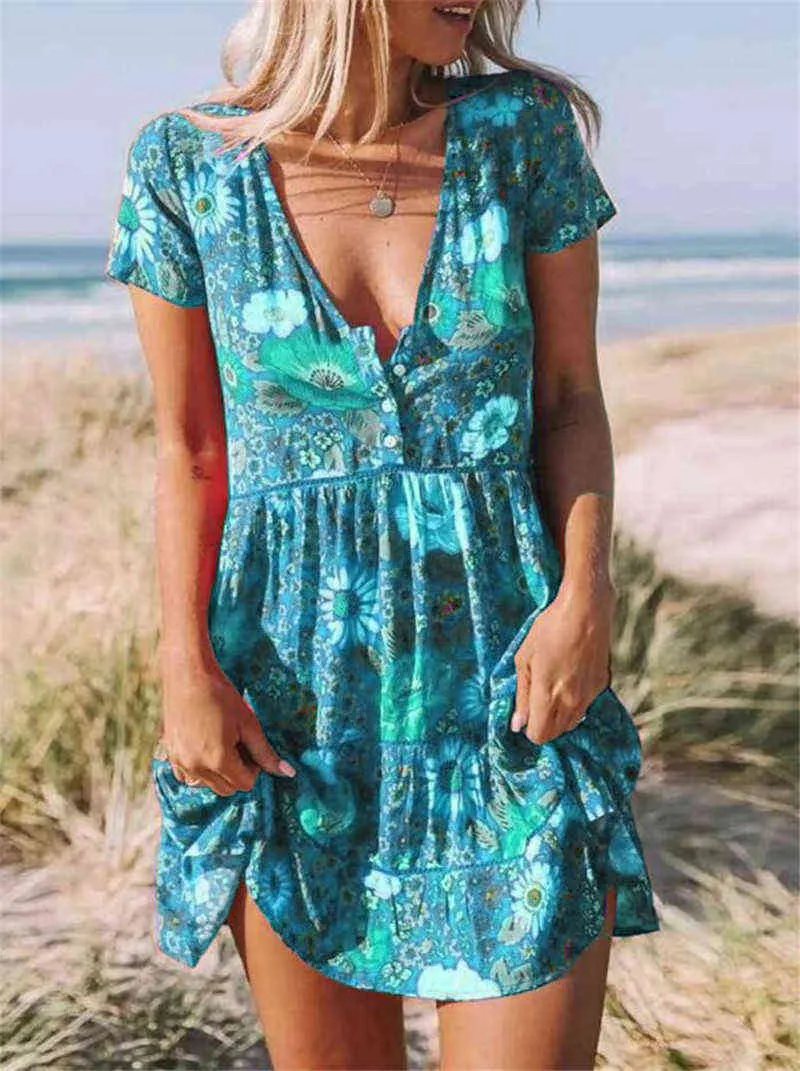 Woman Dress 2021 Summer European and American New Style Women's Printed V-neck Short-sleeved Pleated Dress Y1204