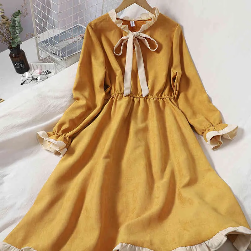 Automne Hiver Robe Japon Style Kawaii À Lacets Robes Vintage Arc A-ligne Robes Hiver Preppy Robes Femmes 18941 210415