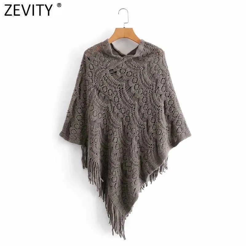 Zevity mujeres moda crochet tejido jacquard chal suéter femenino dobladillo borla decoración jerseys chic hueco capa tops S530 210603