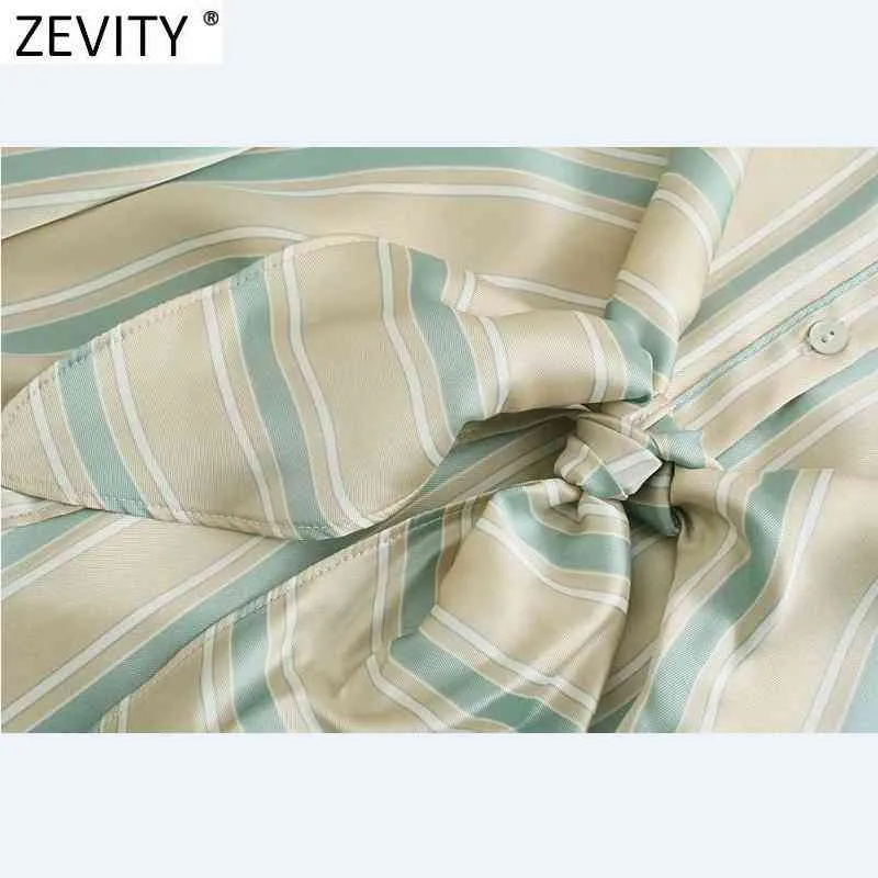 Women Vintage Striped Print Single Breasted Casual Shirtdress Female Front Bow Tied Business Vestido Chic Dresses DS8174 210420