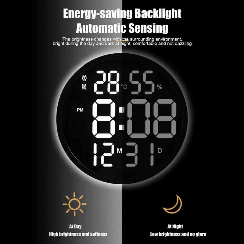 Simple Wall Clock 12 Inch Round Silent Electronic Clock Digital Display Temperature Humidity Date Calendar Clock Home Decoration H1230