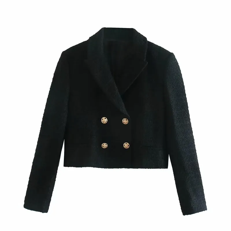 Vintage Woman Black Tweed Short Blazer Coat Fashion Ladies Autumn Double Breasted Jacket Female Solid color Tops 210515