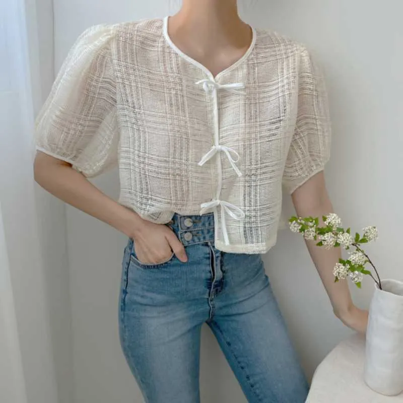 Chic pajarita blusa camisa coreana Puff manga cuello redondo Mujer Tops verano dulce corto Blusas De Mujer 6J003 210603