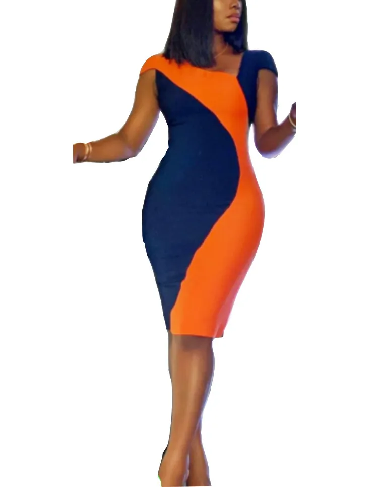 女性パッチワークボディコンドレスオレンジブルーブロックカラースリムタイトエレガントなオフィスレディース上品な作業服女性弾性プラスサイズ210416