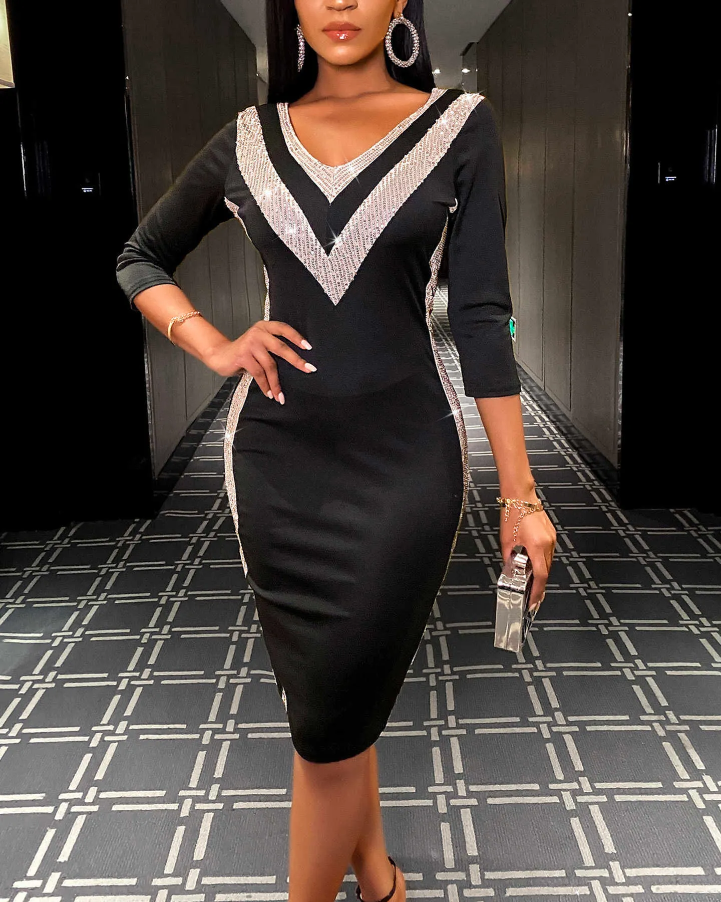 Novas Mulheres Elegantes Trabalho Desgaste Slim Fit Mini Vestido Casual V-Neck Colorblock Contraste Color Lasquinhas Striped Bodycon Dress Y0603