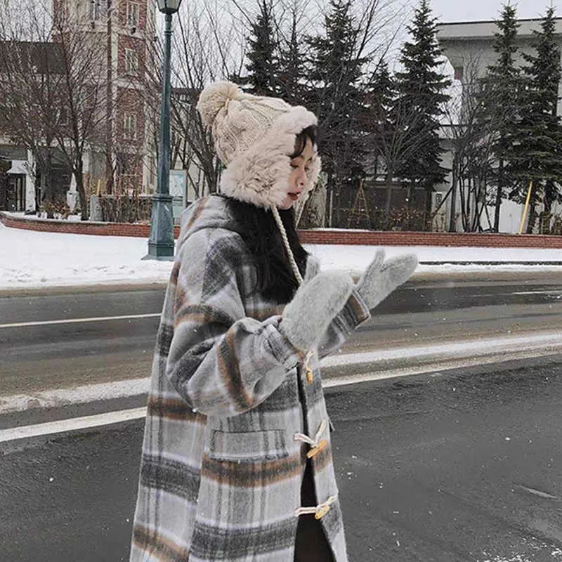 Kanin päls stickad ryska hatt varma öronflikar vinter bomber kvinnor trapper snöskidor kepsar 211229
