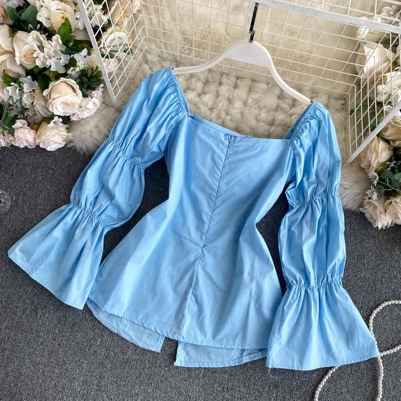 Fall French Shirts Square Collar Flared Sleeve Blouse Slit Pleated Slim Blusa Women's Fashion Tops PL586 210506