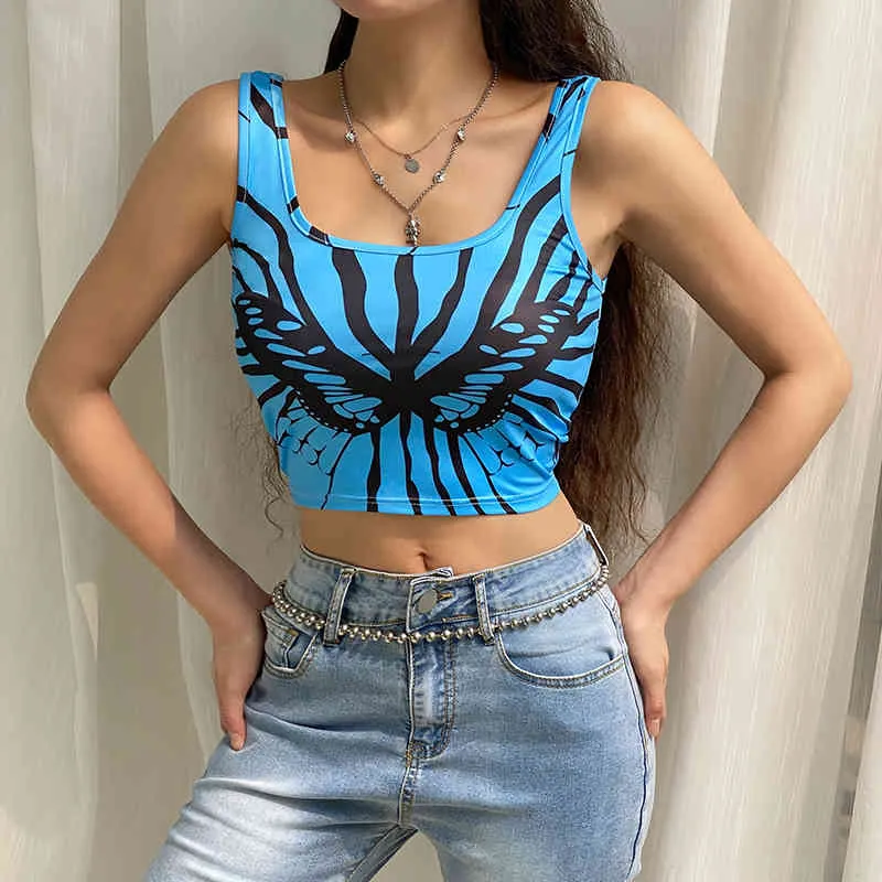 Papillon imprimé Y2K Crop Top Tank pour filles Vêtements d'été Femmes Chic Tee Casual Chemise bleue Gilet Pulls Streetwear 210510