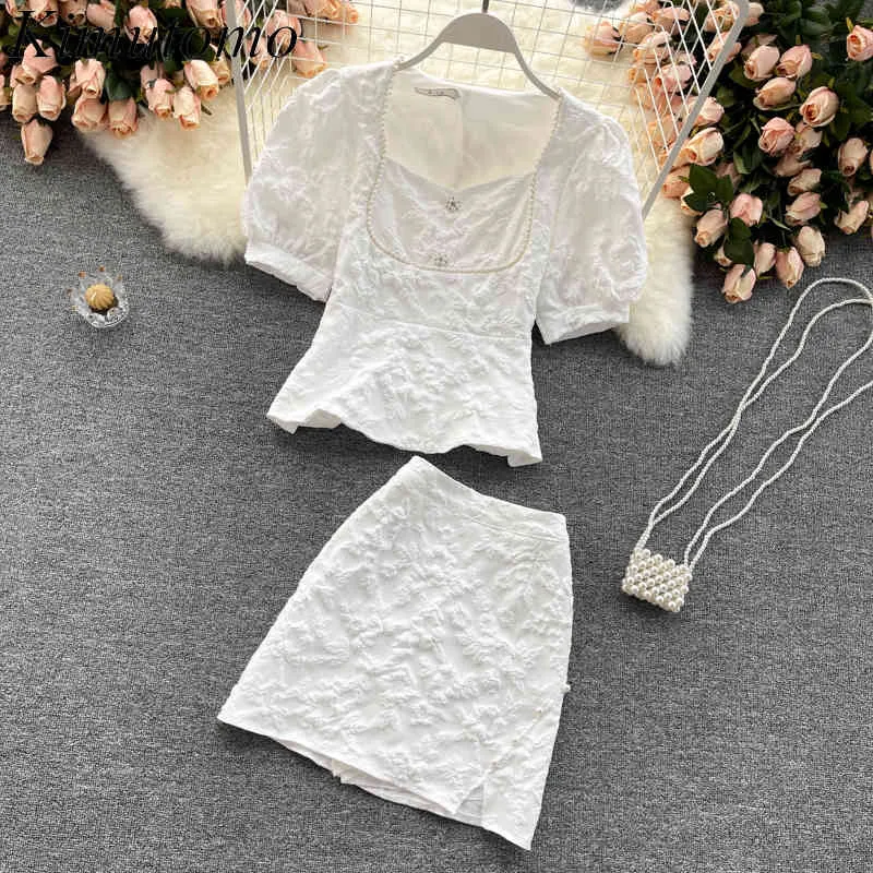 Kimutomo Elegant Kvinnor Sommar Sommar Kontor Lady Puff Sleeve Beading Square Collar Toppar Hög midja Kjolar Solid Set 210521