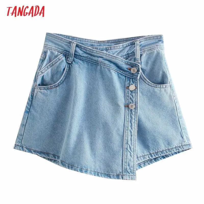 Tangada Women Elegant Denim Skirt Shorts Buttons Pockets Female Retro Summer Casual Pantalones 4M157 210719